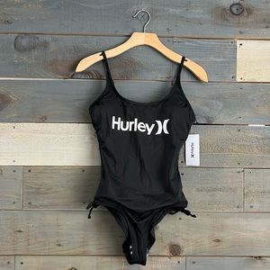 Hurley Size M One Piece Logo Print Swimsuit Side Tie Black NWT